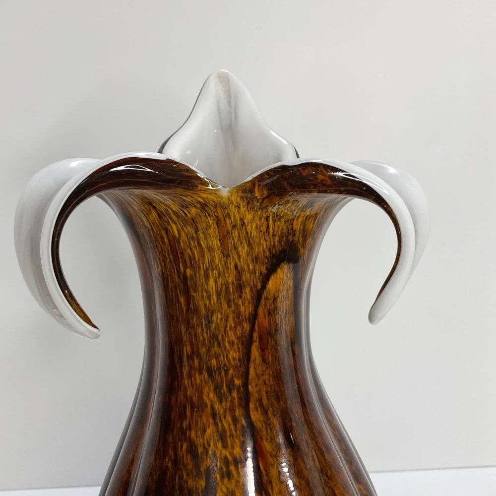 Handblown Vintage Tulip Vase‎ Tiger Eye Brown Fluted White Contrast Home Decor